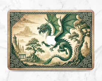 MacBook-Hülle mit asiatischem grünem Drachenmuster, Baum-, Wolken- und Tiermotiven. Passend für Air 15 M5, Air 13 2026, Pro 14, Pro 16 und Pro 13 M2.