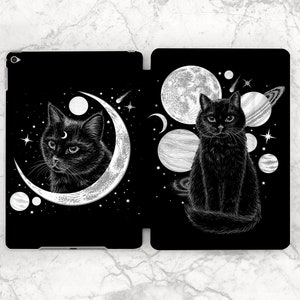 May include: Black and white illustration of a black cat sitting in a crescent moon with stars and planets in the background. The cat has a crescent moon on its forehead.