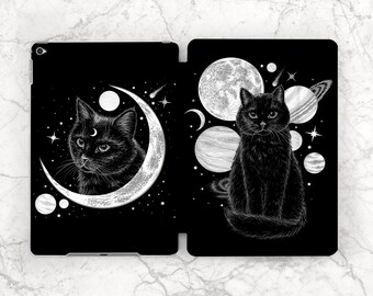 Söt svart katt iPad-skal magiskt iPad-skal måne iPad-skal stjärnor iPad-planeter ockult djur Mörk magi Kattälskare 10 9 10 2 Mini 6 7 Pro 13 Air