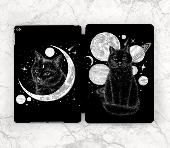 Cute black cat iPad case magic iPad case moon iPad case stars iPad planets Smart case Occult animal Dark magic Cat lover gift Moon Space
