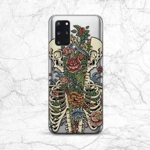 May include: A clear phone case with a colorful floral design featuring two skeletons with flowers growing from their ribcages.