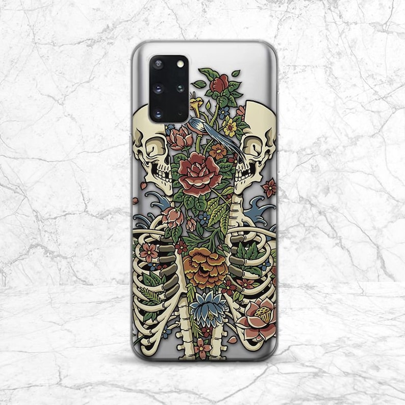 May include: A clear phone case with a colorful floral design featuring two skeletons with flowers growing from their ribcages.
