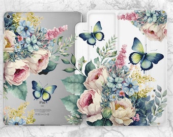 Blue butterfly art iPad case floral Botanical Plants iPad white case iPad case girly Moms gift iPad flip stand iPad Air 4  Grandmothers gift