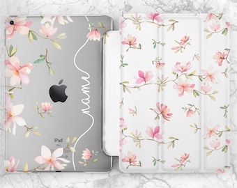 Name iPad case flower custom Personalized Cute Floral Plants Tiny pink flowers Transparent back cover Mini 7 Pro 13 11th gen A16 Air 13 12 9