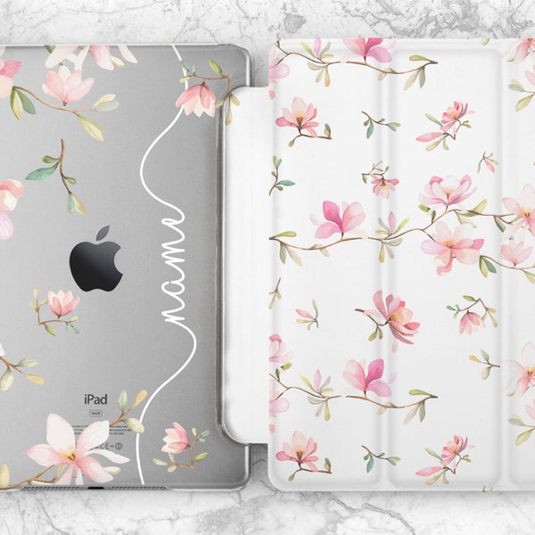 Naam iPad-hoesje bloem custom Gepersonaliseerde Schattige bloemen Planten Kleine roze bloemen Transparante achterkant Mini 7 Pro 13 11e generatie A16 Air 13 12 9