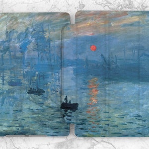 Estuche Monet Elegante estuche para iPad con estampado de agua, barco, viaje, naturaleza estética, mar, océano, sol rojo, estuche para iPad con estampado de puesta de sol, estampado de pinturas al óleo, cielo azul