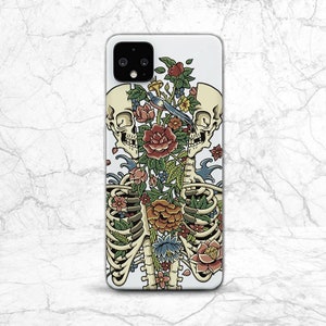 May include: A white phone case with a colorful floral design featuring a skeleton with a bird perched on a flower. The design is a mix of red, pink, blue, green, and yellow flowers.