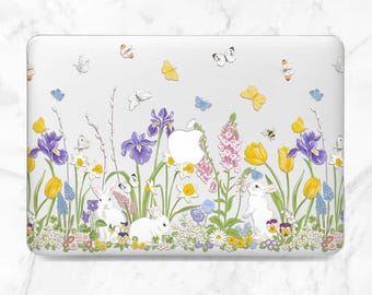 Ästhetische Frühlingsblumen weiße Kaninchen Macbook klare Hülle Macbook Hülle Schmetterling Süßer Osterhase Pro 14 Pro 13 Pro 16 Air 13 Air 15 M5 Neo
