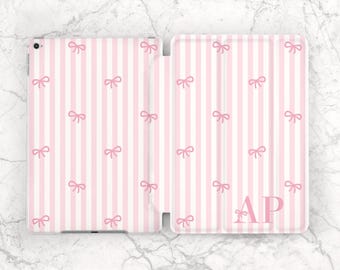 Cute bows print iPad case custom Personalized iPad case initials White pink stripes girly iPad case name Aesthetic Air 13 Mini 7 Pro 13 11