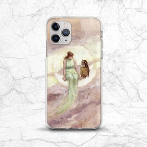 May include: A phone case featuring a watercolor painting of a woman in a flowing green dress seated on a crescent moon with a brown owl. The background has soft pink and beige tones, creating a dreamy aesthetic.