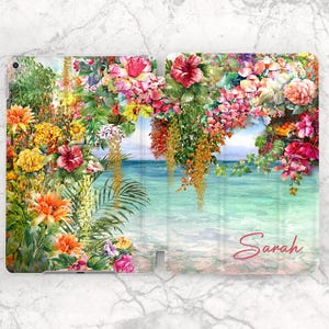 Tropical flowers print iPad case name Ocean Beach print iPad case sea Aesthetic botanical iPad smart case Personalized case Water Rainbow