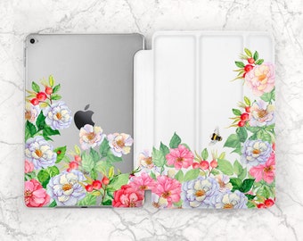 Été fleurs blanches étui pour iPad abeilles étui floral fleurs roses étui iPad feuilles vertes iPad smart cover iPad Pro étui iPad mini 6