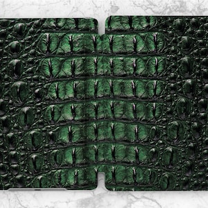 May include: Green crocodile-embossed iPad case with a textured, shiny finish.