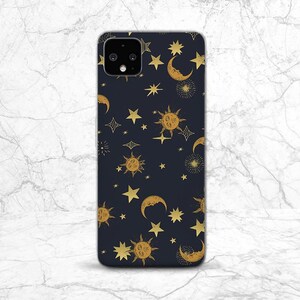 May include: A black phone case with a gold celestial pattern featuring moons, stars, and suns.