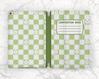 Checkered composition book Light green print Looks like book Cute flowers art iPad smart case iPad 10 9 iPad 11 2022 iPad Air 5 iPad 10 2