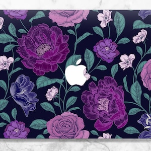 Macbook case purple Peonies Roses print Macbook case floral Vintage flowers case Dark blue case Macbook hard shell Air 13 M2  Pro 16 2023