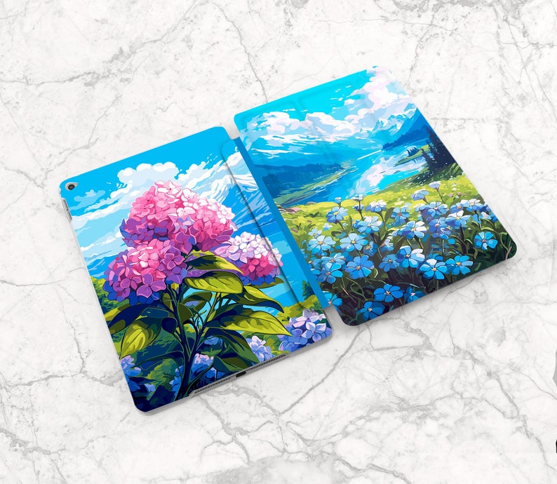 Spring flowers art iPad case summer Blue floral art Pink flowers case Nature Inspirational iPad case sky Moms gift smart case Cute botanical image 3