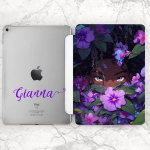 Personalized cover iPad black girl Purple flowers case iPad case woman iPad custom case iPad flip stand iPad Air 5 case iPad 10 9 iPad 11