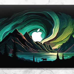 Zorza polarna sztuka Obudowa Macbooka natura Ciemne góry Obudowa Macbooka noc Obudowa Macbooka las Obudowa Macbooka pies Wir Zielone niebo Inspirujące