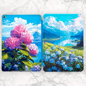 Spring flowers art iPad case summer Blue floral art Pink flowers case Nature Inspirational iPad case sky Moms gift smart case Cute botanical image 1