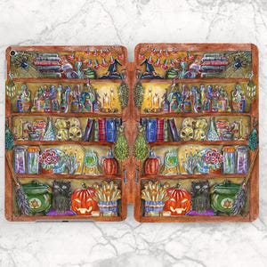 May include: A decorative tablet case featuring a detailed illustration of a witch's bookshelf. The shelves are filled with potion bottles, candles, skulls, books, pumpkins, and a black cat. The case is brown with a marble background.