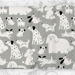 Art chiens mignons iPad flip stand étui pour iPad chiot chiens gris étui étui pour iPad kawaii dessin animé gentil chien amoureux cadeau étui pour iPad animaux drôle Smart Smart