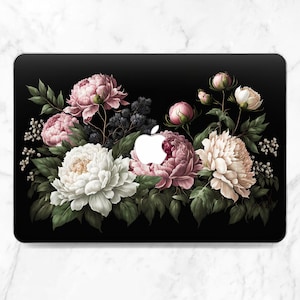 Elegant peonies art Macbook black case Floral Botanical Macbook case goth Macbook hard cover Green leaves art Macbook case girly Dark case