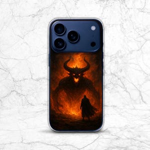 May include: A dark blue smartphone case featuring a graphic print of a large, horned, demonic figure emerging from flames, with a small silhouette of a person standing in the foreground. The design is set against a fiery orange and black background.