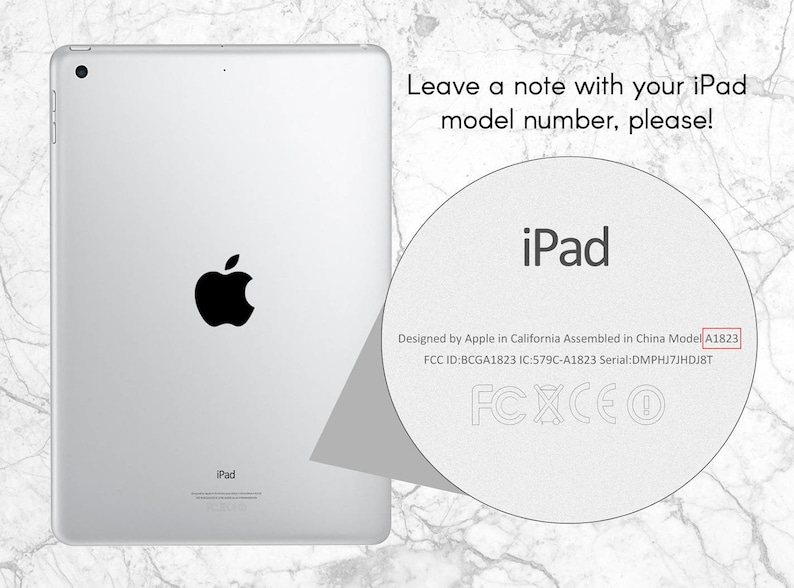 May include: A white iPad with a black Apple logo on the back. The text "iPad" is printed on the back of the device. The text "Designed by Apple in California Assembled in China Model A1823 FCC ID:BCGA1823 IC:579C-A1823 Serial:DMPHJ7JHDJ8T FCXCEO" is printed on the back of the device.