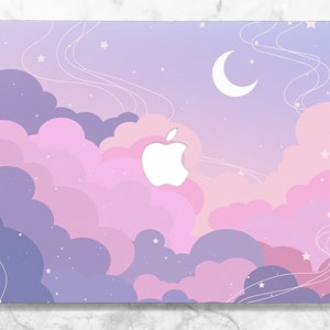 May include: A laptop skin with a pink and purple sky with clouds and stars. The Apple logo is visible in the center of the skin.