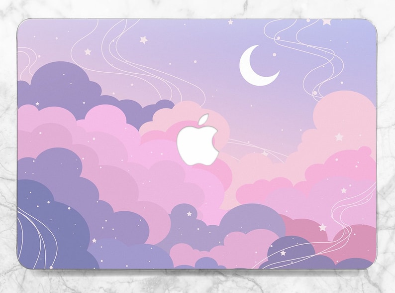 May include: A laptop skin with a pink and purple sky with clouds and stars. The Apple logo is visible in the center of the skin.