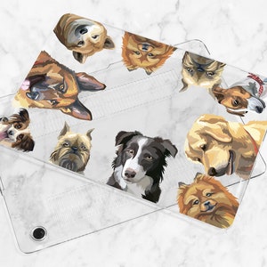 May include: A clear phone case with a colorful design featuring various dog breeds. The dogs are illustrated in a cartoon style with different expressions and poses.