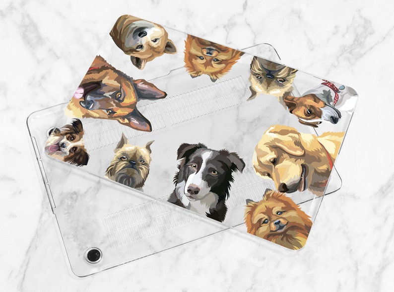 May include: A clear phone case with a colorful design featuring various dog breeds. The dogs are illustrated in a cartoon style with different expressions and poses.