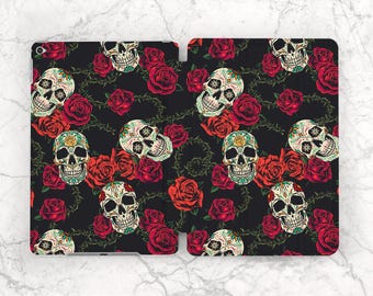Etui na iPada Santa Muerte z czaszkami, szkieletowe etui na iPada, czarne etui, etui Dark Occult, etui na iPada, gotyckie Mini 7, A17 Pro 13, Air 13, 2026, 11. generacja, A16 10 2