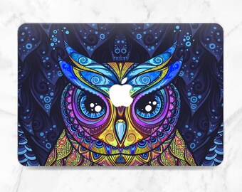 Mandala owl Macbook case bird Aesthetic case Deep blue rainbow Macbook case ornament Macbook Air 15 Air 13 Pro 14 Pro 16 M5 Pro 13 Neo 2026