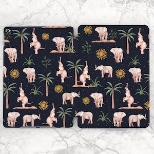 May include: A phone case with a dark blue background and a repeating pattern of pink elephants, palm trees, and yellow suns.