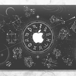 May include: A black laptop skin with a white Apple logo and a white zodiac wheel with the signs of the zodiac around the outside. The background is a black starry night sky.