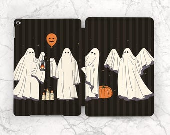 May include: A Halloween-themed tablet case featuring a design of cartoon ghosts. The ghosts are depicted in white sheets with black eyes, holding a lantern, a balloon, and standing near candles and a pumpkin. The background is black with vertical stripes.