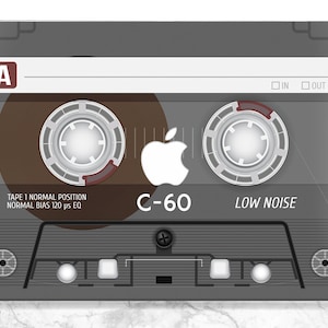 May include: A vintage-style cassette tape with a white Apple logo in the center. The tape is labeled "C-60" and "LOW NOISE".