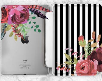 iPad case Black white stripes Trendy Pink peonies Flowers Botanical Elegant girly case Pro 13 M4 Mini 7 A17 Air 13 11th gen A16 10 2 12 9