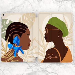 African woman print iPad case girly Tropical leaves iPad case floral iPad black girl iPad case name Personalized case Blue flower Monstera