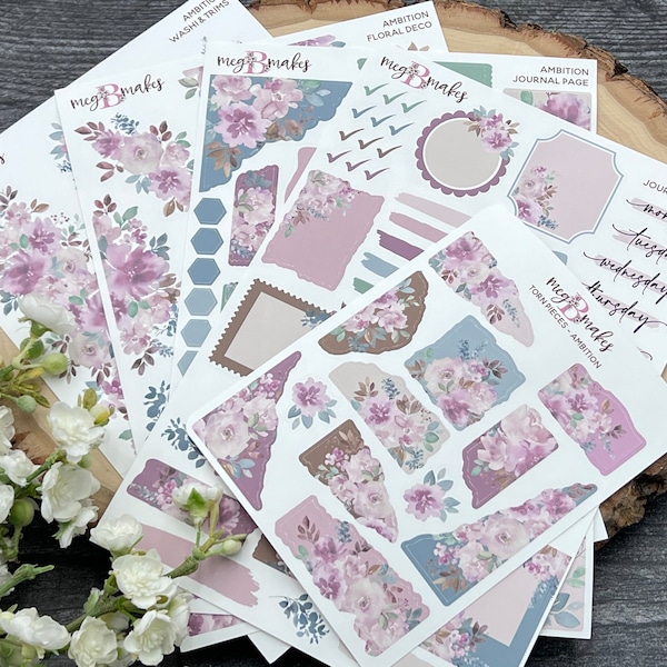 Ambition Journal Page Kit, Transparent Journal Stickers, Journal Page Stickers, Journaling Stickers, Floral Stickers
