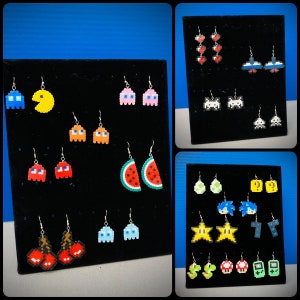 80’s & 90’s, Video Game, Character Inspired, 8-Bit Pixel, Perler Bead Earrings: Ghosts, Fruit, Hearts, Mushrooms, Star, Question Mark, Alien