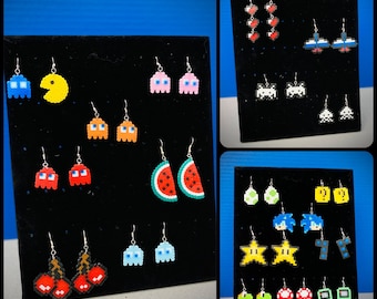 80’s & 90’s, Video Game, Character Inspired, 8-Bit Pixel, Perler Bead Earrings: Ghosts, Fruit, Hearts, Mushrooms, Star, Question Mark, Alien
