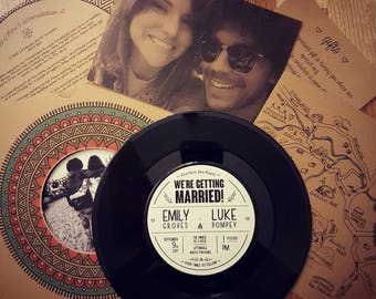Personalised Real 7 Inch Vinyl Record Wedding / Birthday Invitation Set - Boho / Vintage
