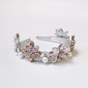 Wedding crown, silver, soft pink, pearls, silver leaves, tiara, hand sewed, jeweled, Jewelry Hair, Jewelry Weddings Accessories Hair