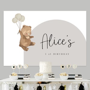 Bear on Balloon Birthday Backdrop, Baby Shower, Baby Boy, Baby Girl | Printable gold Brown digital Backdrop, FILE ONLY