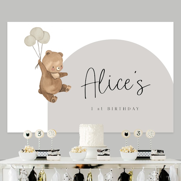 Ours sur ballon Toile de fond d’anniversaire, Baby Shower, Baby Boy, Baby Girl | Toile de fond numérique marron dorée imprimable, DOSSIER SEULEMENT