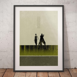 May include: Framed art print with a minimalist design, depicting two figures. The colour scheme is muted, with greens, greys, and beige. The print incorporates binary code and the phrase "follow the white rabbit".