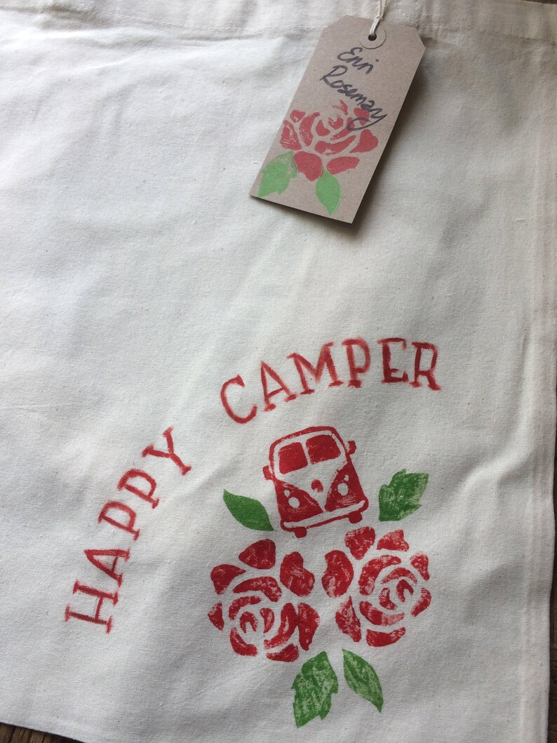 Hand Printed cotton Tote Bag with the Lino Print Happy Camper/' design. Valentines gift Mothers Day Gift